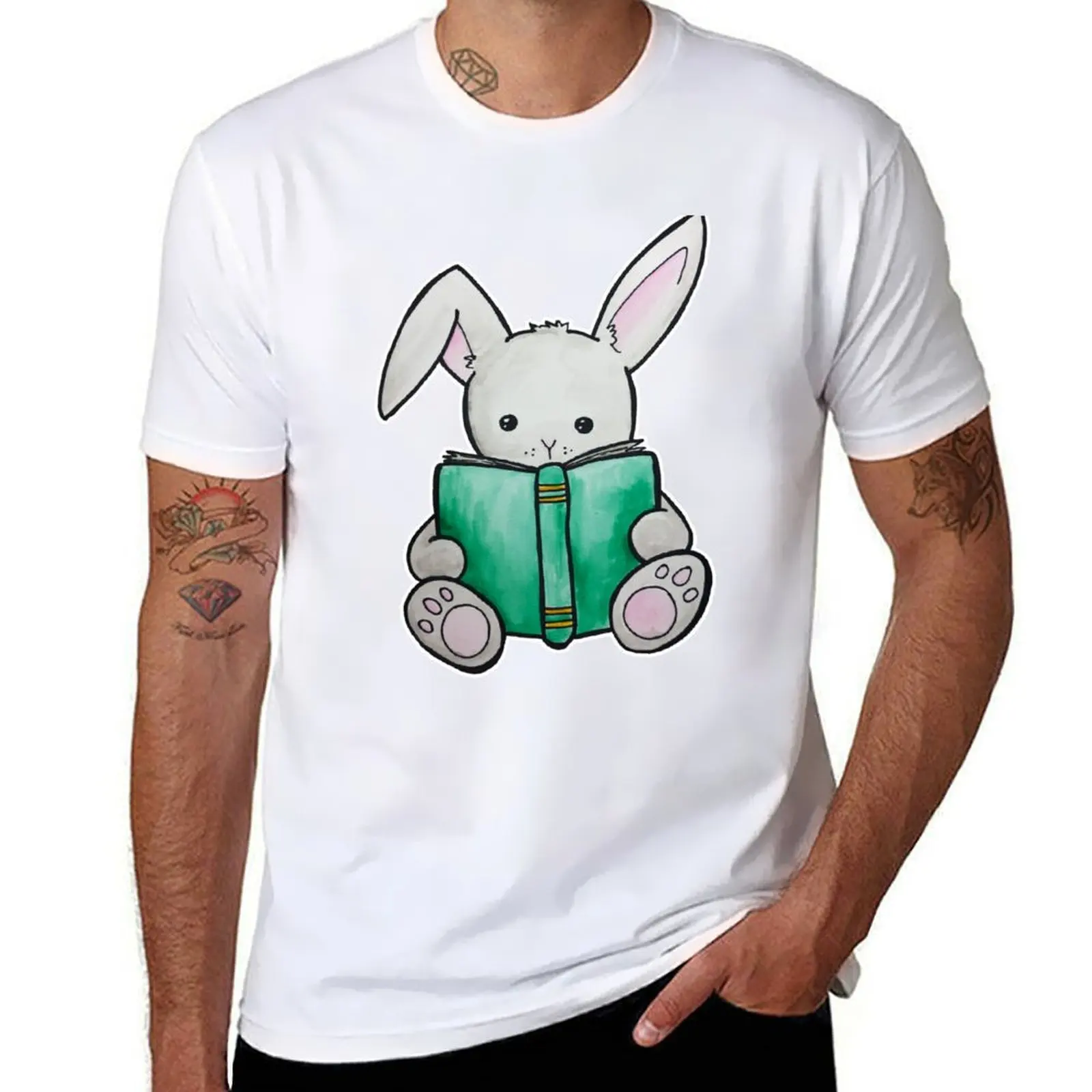 

Bunny with Book Watercolor T-Shirt t shirts for man pack cotton t shirt man designer T-Shirt