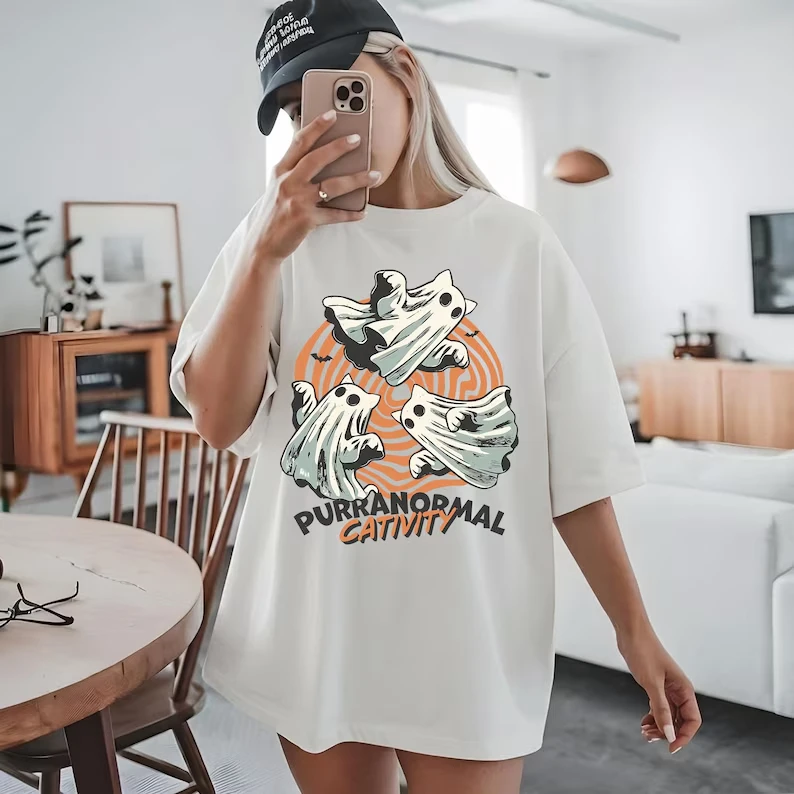 Supernatural cat-themed T-shirts ghost cat Halloween T-shirts fun and scary cat T-shirts Unisex streetwear shirts