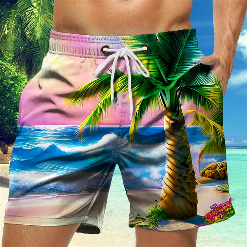 Buitenlandse Handel Heren Trekkoord Strandkleding Hawaiian Kokosnoot Strandprint 3d Digitaal Printen Mode Casual Strandkleding Heren En