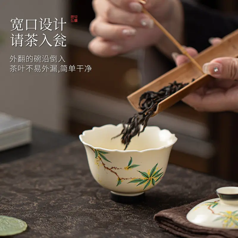 Osmanthus Painted Small Two Piece Tea Vessel, Handmade Ceramic Covered Cup with Cool for Home Brewing and Tea Tasting