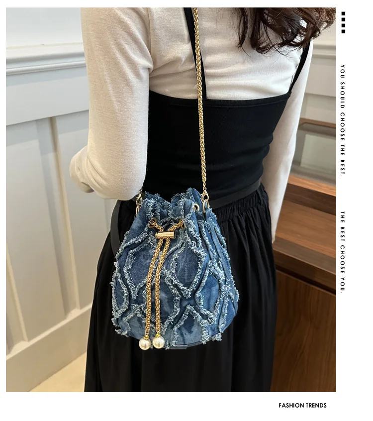 Portable Pearl Denim Bucket Bag Chain Small Purse Tassel Denim Crossbody Bag Korean Style Handbag Cloth Shoulder Bag Party