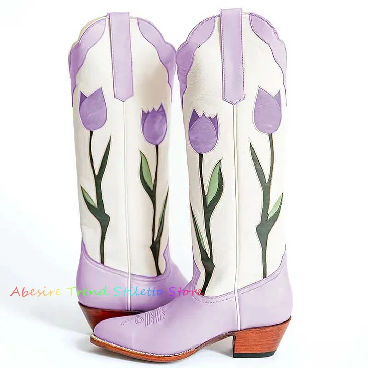 Pink Flower Print Embroidered Chunky Heel Knee High Boots Ladies Leather Wooden Heel Summer New Trending Girls Boots