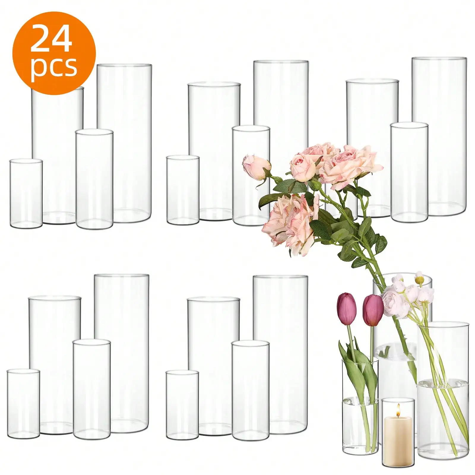 Clear Glass Cylinder Vases, 24/36/48/72 Pcs, 4/6/8/10 Inch Tall, for Centerpieces, Flower Arrangements, Floating Candle Holders,