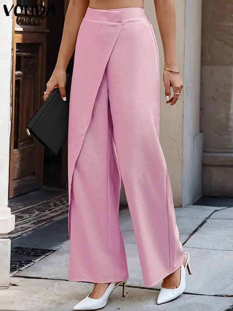 VONDA Women Elegant Pleated Trouser Wide Leg Pants Vintage Solid Color 2024 European Fashion Bottoms Loose Casual Pants Oversize