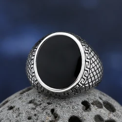 Stainless Steel Fashion Turkey Stone Ring Geometric Black Zircon For Anniversary Party Wedding Men's Anels Totem Luxury Jewelry