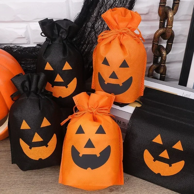 15/5PCS Halloween Pumpkin Candy Bag Non-woven Portable Biscuit Gift Bag Sugar Storage Pouch Halloween Party Supplies Kids Favors