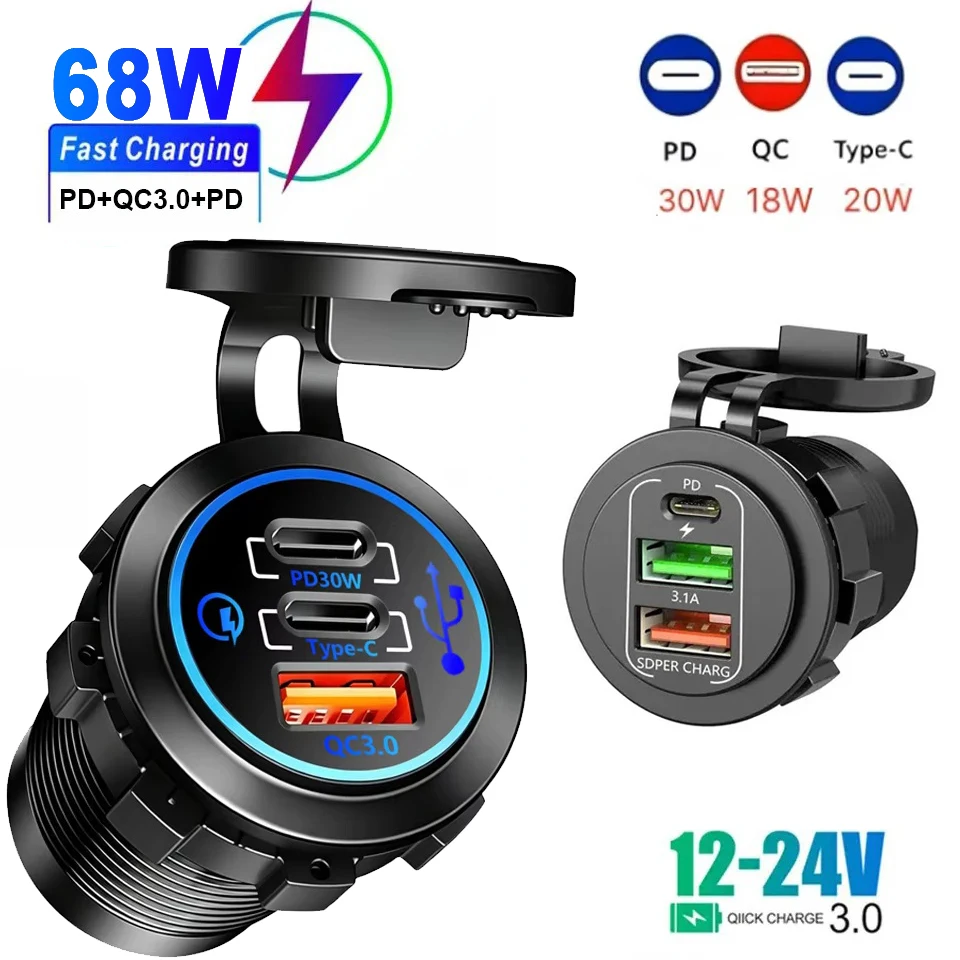 3 Port Car USB Charger PD30W Type-C Fast Charging Socket 12V 24V for Motorcycle Boat RV ATV Camper Truck Power Outlet