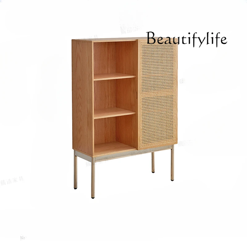 Solid Wood Sideboard Red Oak Stainless Steel Element Rattan Chest of Drawers Locker Nordic Home