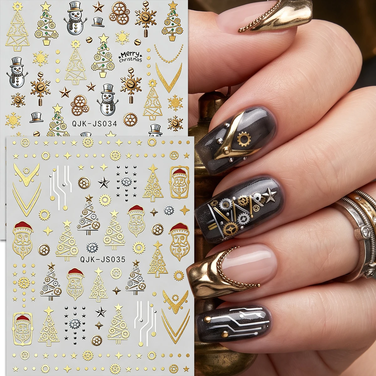 2/3/5/6/10 pieces of 3D golden Christmas nail stickers, gear snowflake Christmas tree stickers, nail supplies, holiday gifts