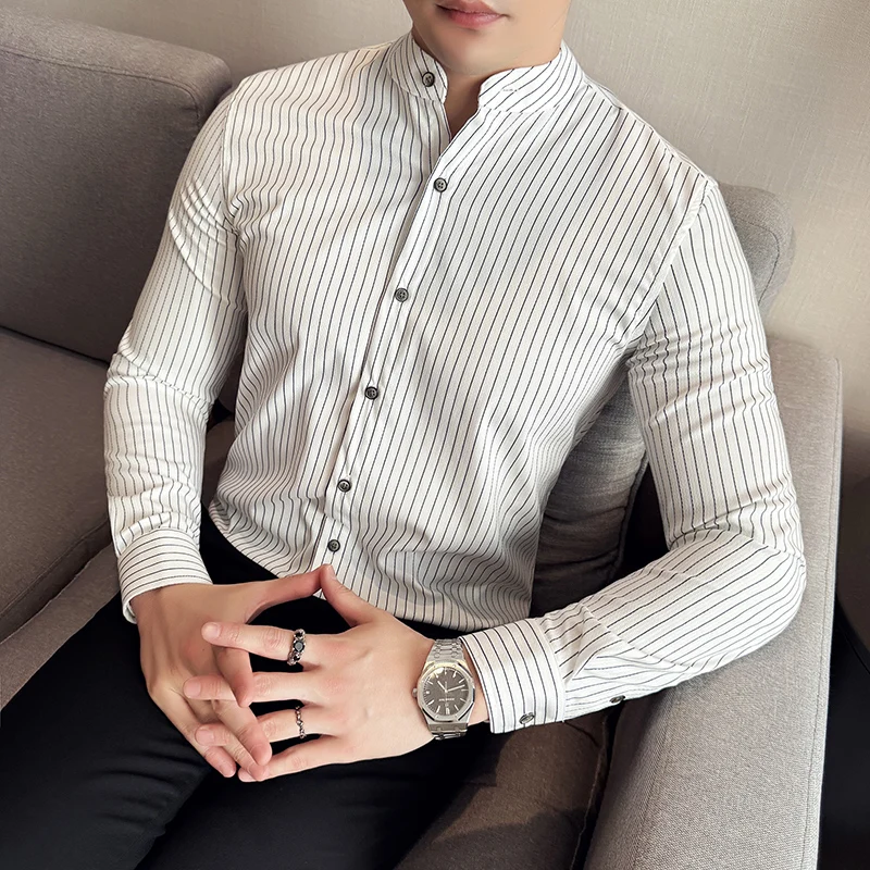 

Men Shirts Fashion Chinese Style Stand Collar Long Sleeve Striped Shirt Men's Clothes 2025 Slim Fit Casual Club/Prom Tuxedo 4XL