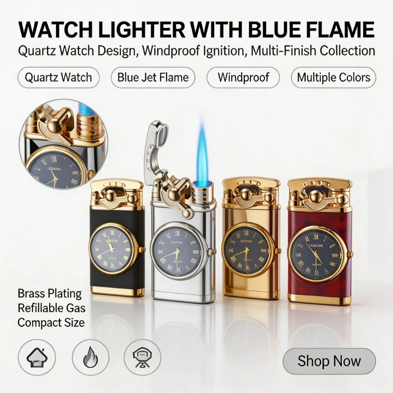 Novel Watch‑Design Quartz Lighter for Men,Metal Body, Rocker‑Arm Trigger CreatesBright BlueLight,WindproofButane Jet Torch Flame