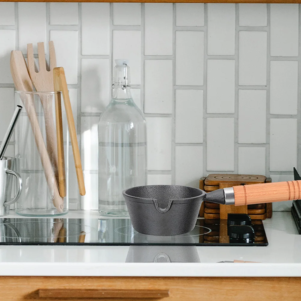 

2Pcs Mini Iron Pot Small Cooking Pot with Wood Handle for Melting Butter Cheese Chocolate Oil Kitchen Gadget