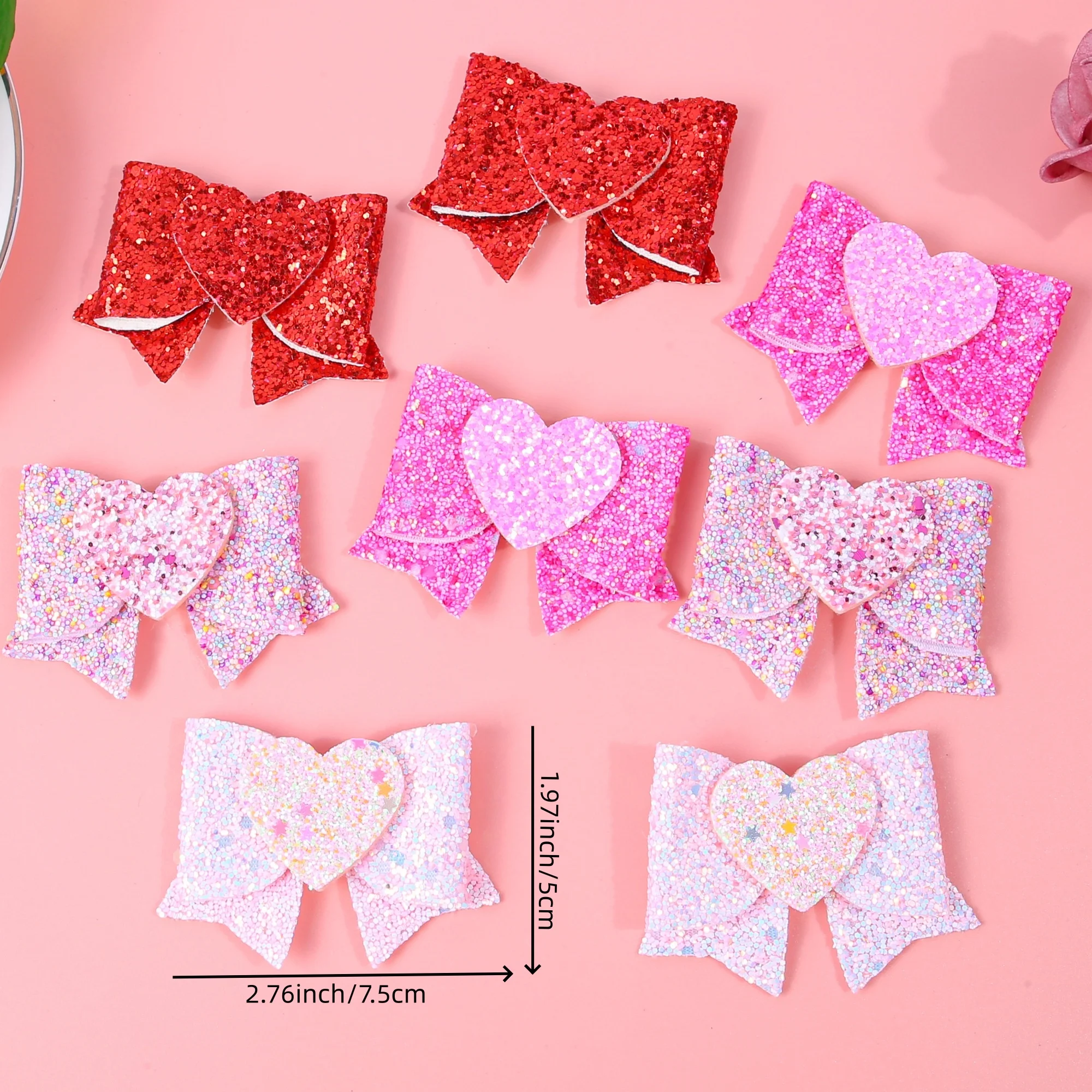 2/8pcs Sweet Glitter Hair Bows Clips for Girls Valentine's Day Heart Bows Hair Clips Barrettes for Kids Party Hair Accessories view 3