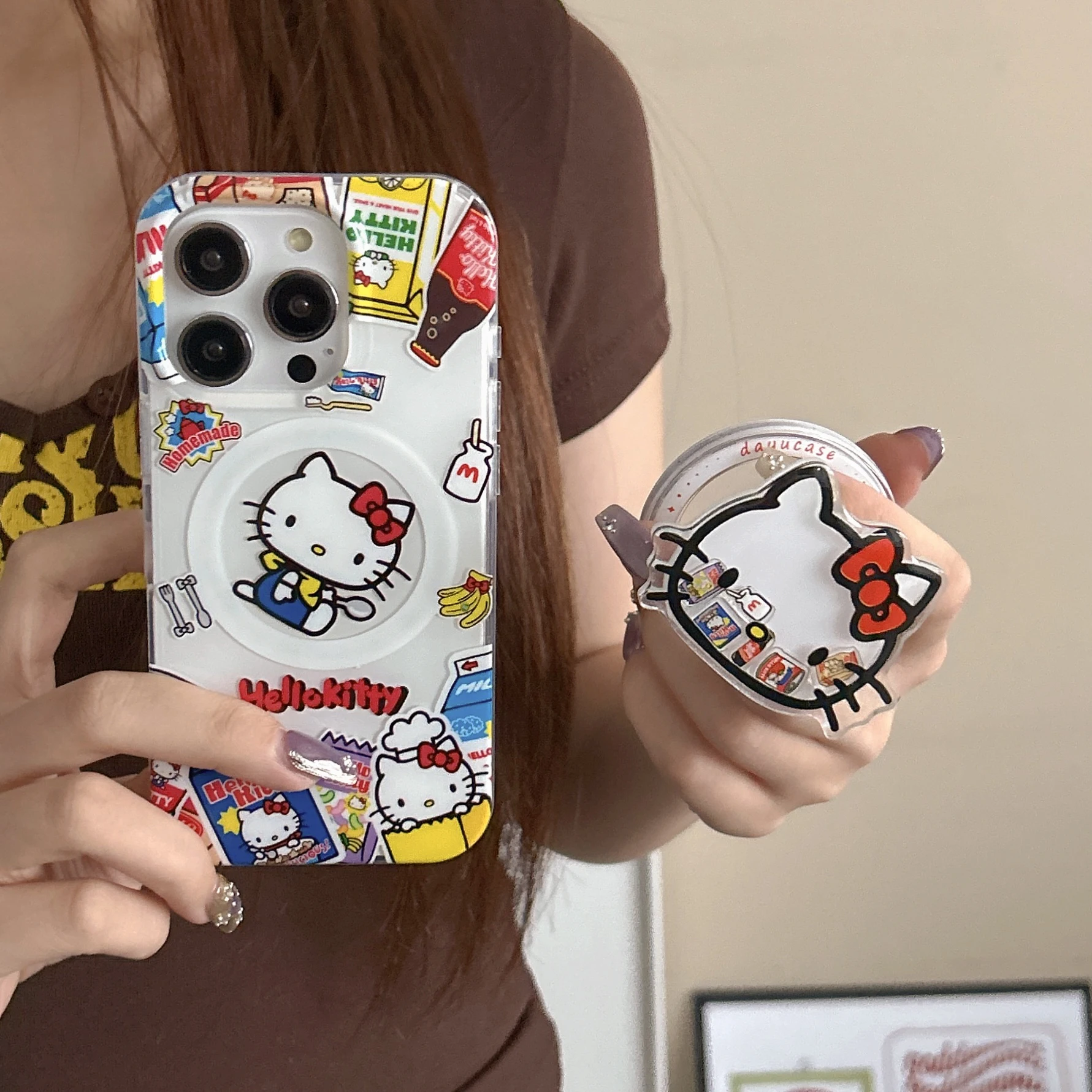 

Cute Cartoon Sanrio Hello Kitty Transparent Magnetic Bracket Mobile Phone Case for IPhone 16ProMax 16 15 14 13 ProMax Phone Case