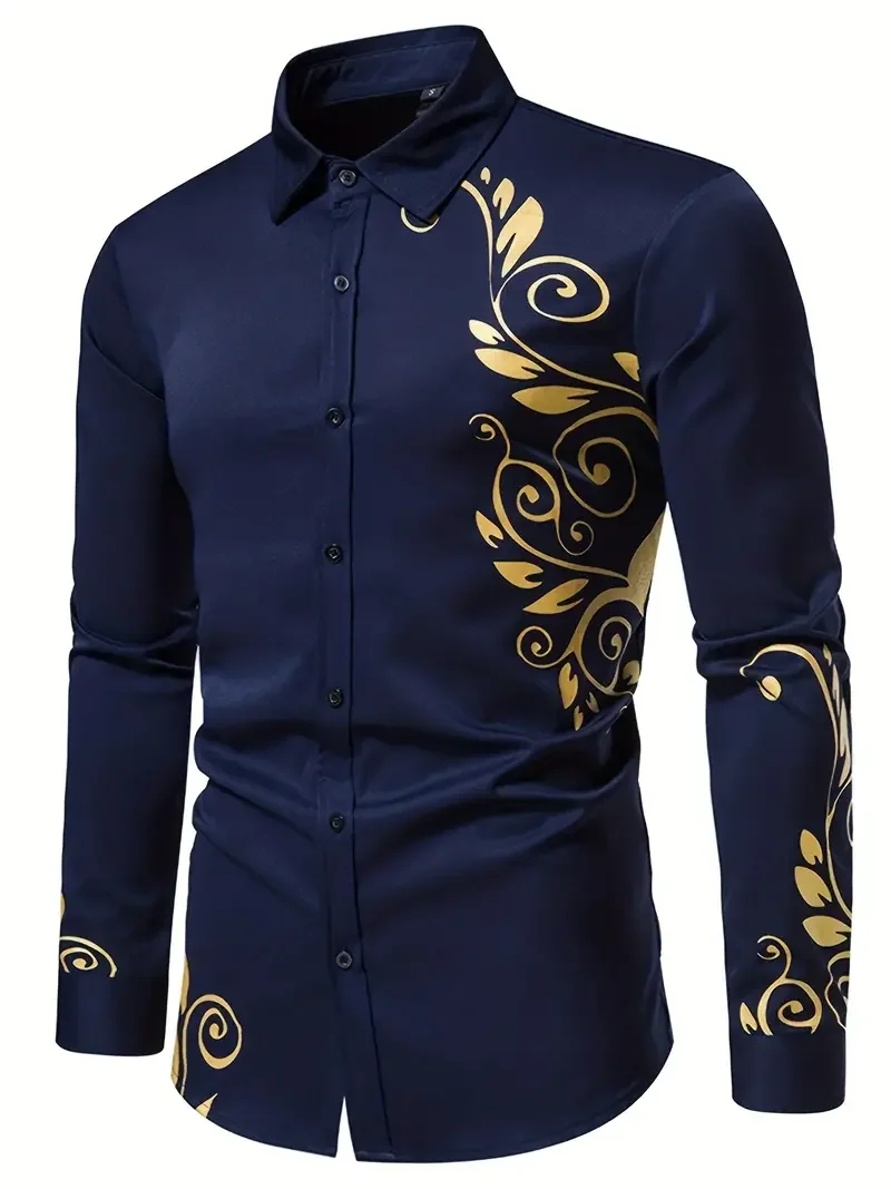 Stylish Gold Flower Print Black Shirt Men Spring New Slim Fit Long Sleeve Men Dress Shirts Party Casual Male Social Shirt