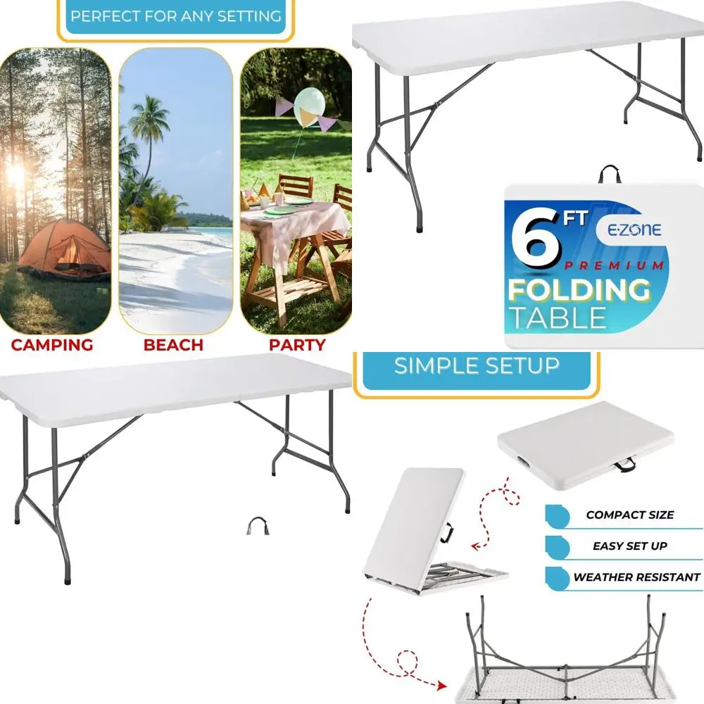

Portable 6ft Folding Plastic Dining Table with Handle and Lock, Ideal for Outdoor Picnics, Parties, and Camping - White