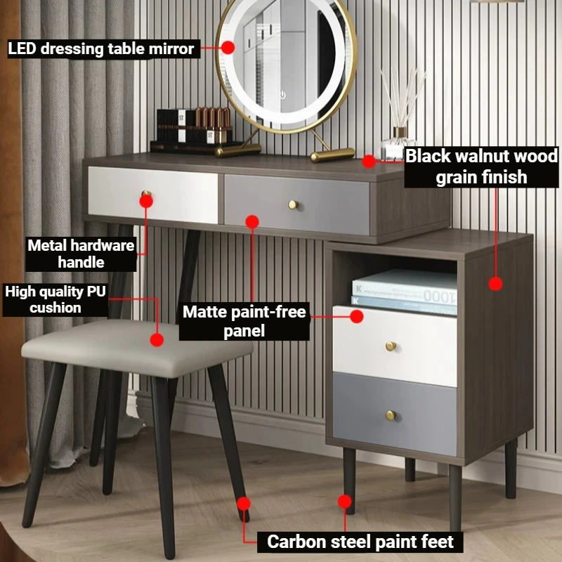 Storage Tall Table Bedside Drawers Compact Led Light Vanity Desk Modern Mirror Penteadeira Camarim Com Espelho Room Furniture