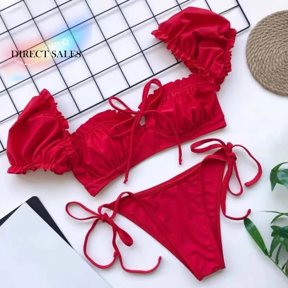 3Pcs Ruffle Three Pieces Bikini Suit Split Swimsuit with Flower Hair Clip Swimwear Set Y2k Slim Fit Beachwear Clothing Vacation