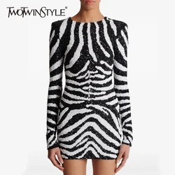 TWOTWINSTYLE Patchwork Sequins Zebra Stripes Dress For Women Round Neck Long Sleeve High Waist Slimming Mini Dresses Female New