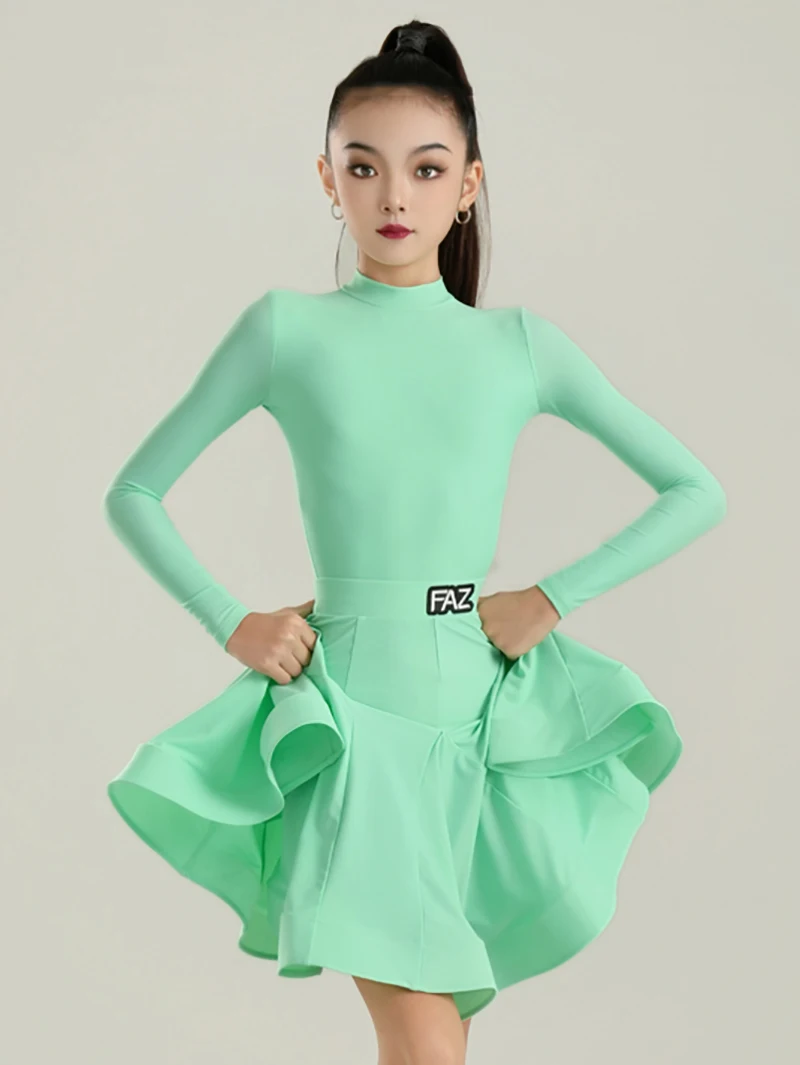 

Children Kids Girls Latin Dancewear Long Sleeve Bodysuit and Large Swing Skirt Ballroom Standard Practice Competition Dancewear