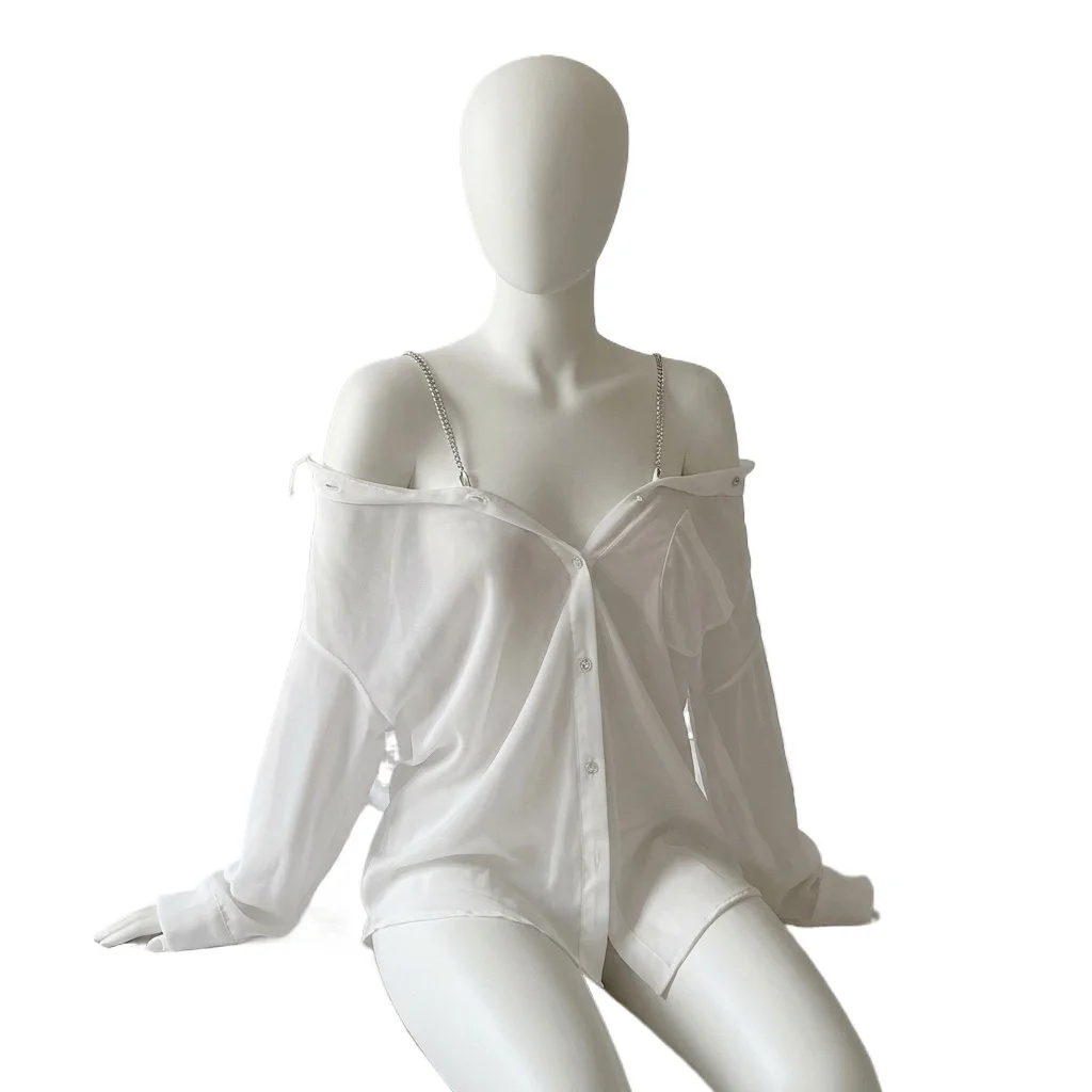 Women's Sheer White Chiffon Blouse See Through Long Sleeve Button Down Shirt Sexy Lightweight Mesh Top for Beach Bikini Coverup