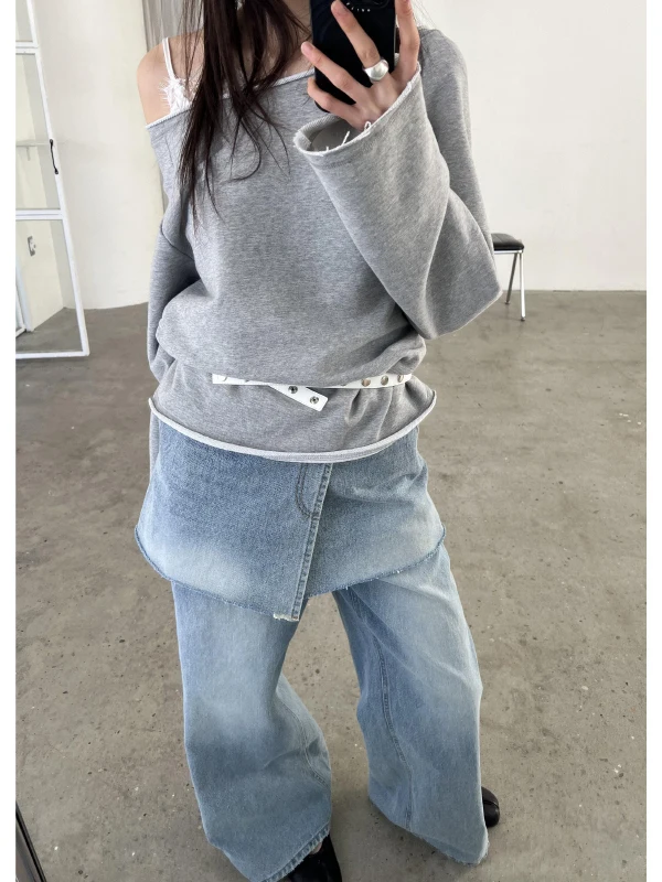 American Style Retro Blue Denim Pleated Skirt Pants Women's Fake Two-Piece Spring Summer New Splicing Straight Tube Layered S...