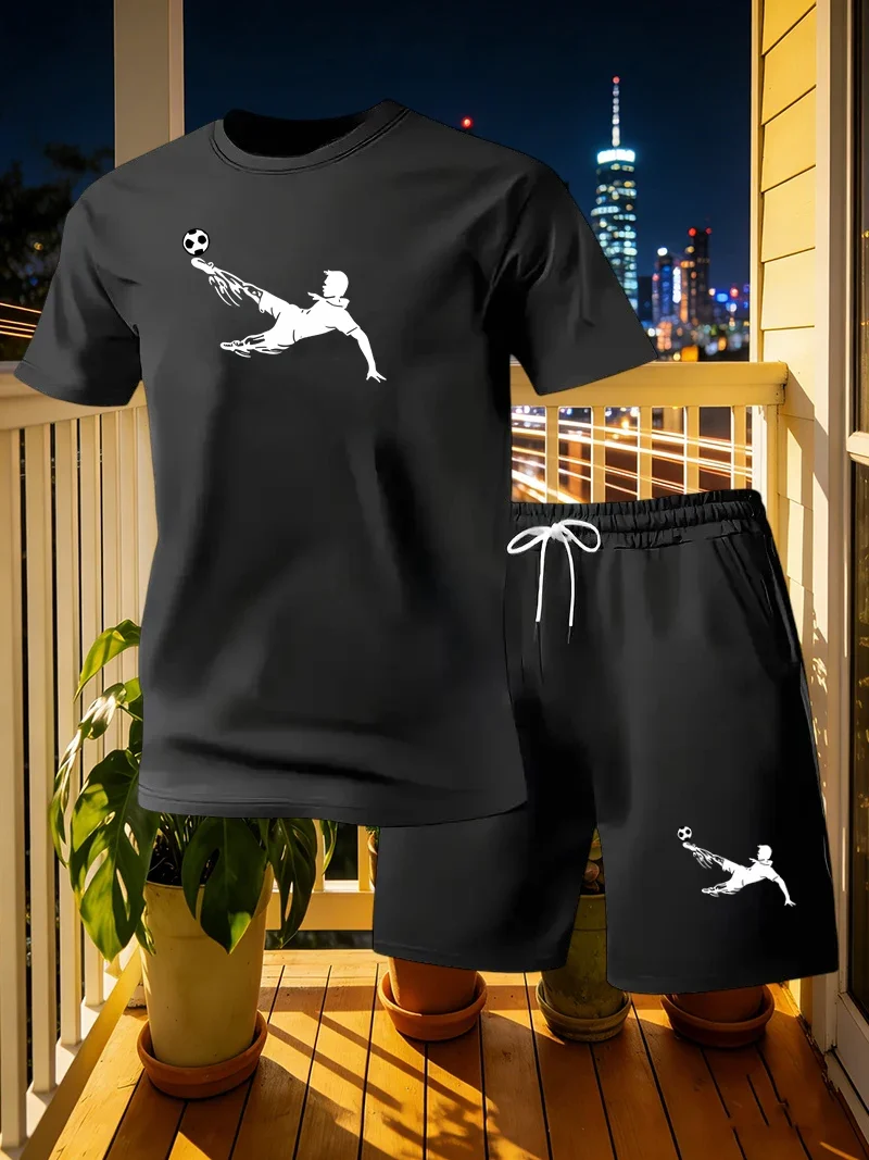 Football Sports Short Sleeved T-shirt Shorts Summer Men's Breathable Printed Round Neck Men's Casual Home Loose Two-piece Set