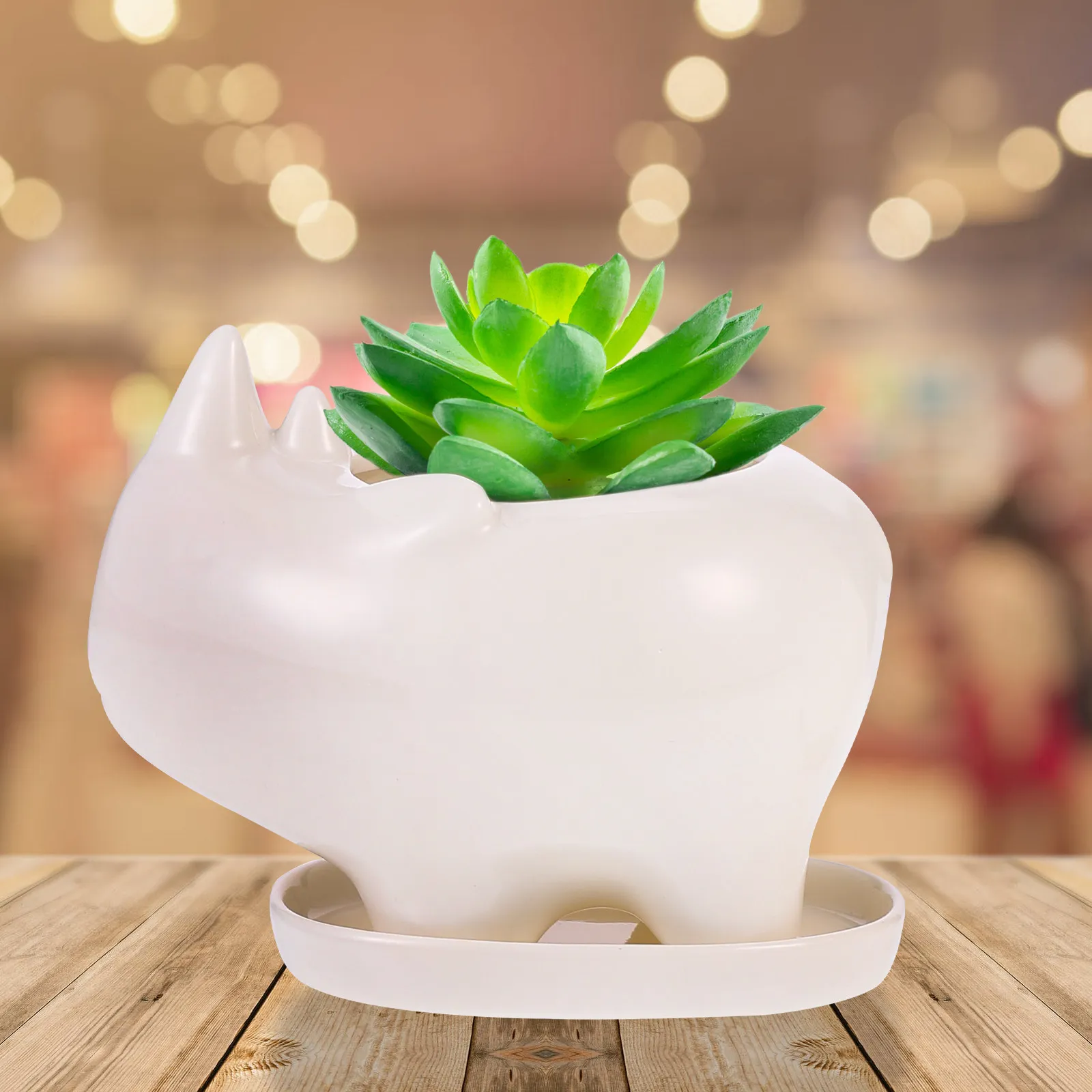 White Ceramic Rhinoceros Shaped Succulent Planter Pot for Indoor Outdoor Decor Room Desk Garden Use Drainage Tray Included
