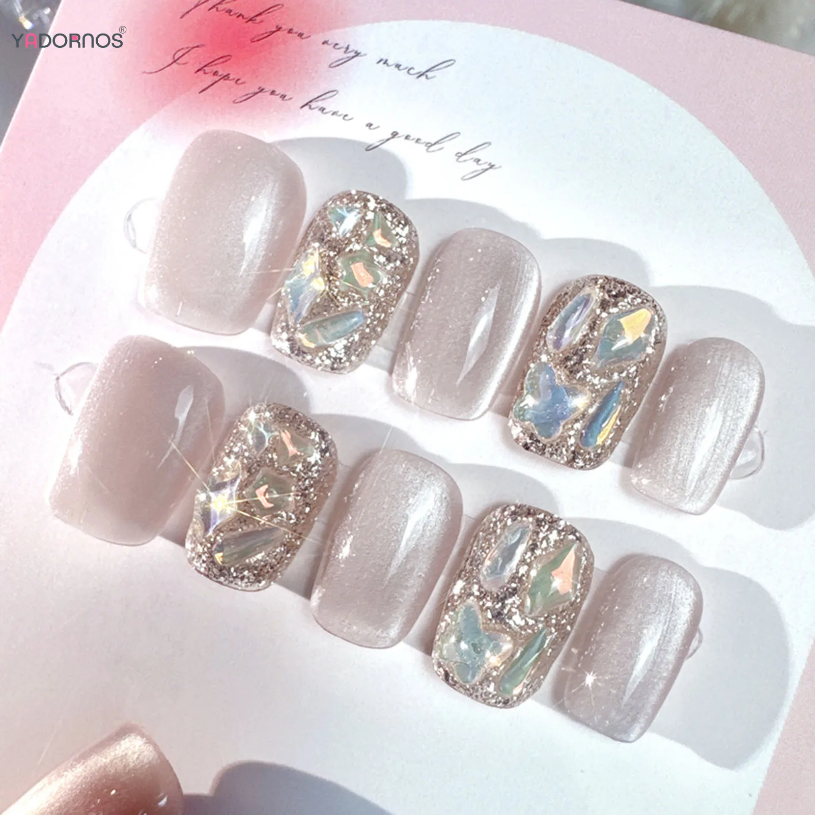 Nackte Farbe gefälschte Nägel handgemachte quadratische Kopf presse auf Nägel Katzenaugen Glitzer Strass entworfen tragbare falsche Nägel Spitzen