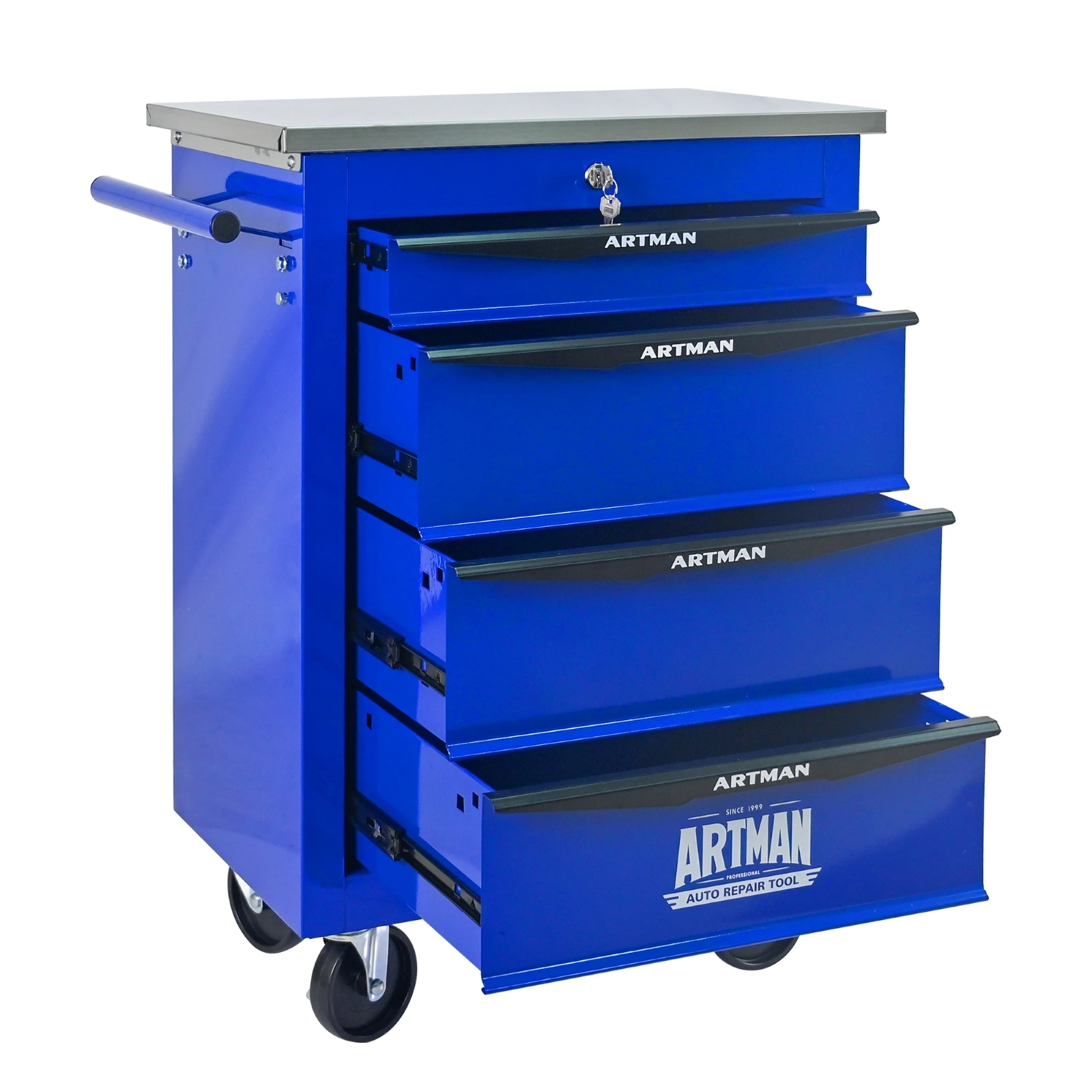 Chariot à outils à roulettes à 4 tiroirs, armoire à outils, armoire de rangement d'outils avec serrure et clé, adapté aux ateliers, garages, bleu