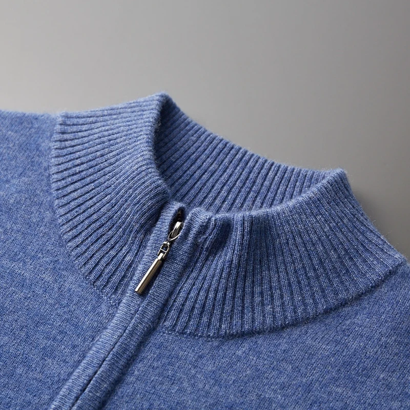 Jersey clásico de lana con cuello de cremallera para otoño e invierno, Tops, suéter de cachemira, nuevo jersey informal para hombre, suéter de lana merina de 100%