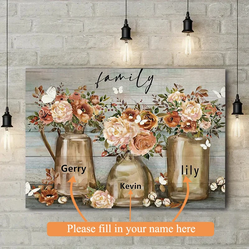 1pc Customized Unframed Canvas Poster Personalized Family Three Names Flowers Wall Art Painting For Living Room Dining Room