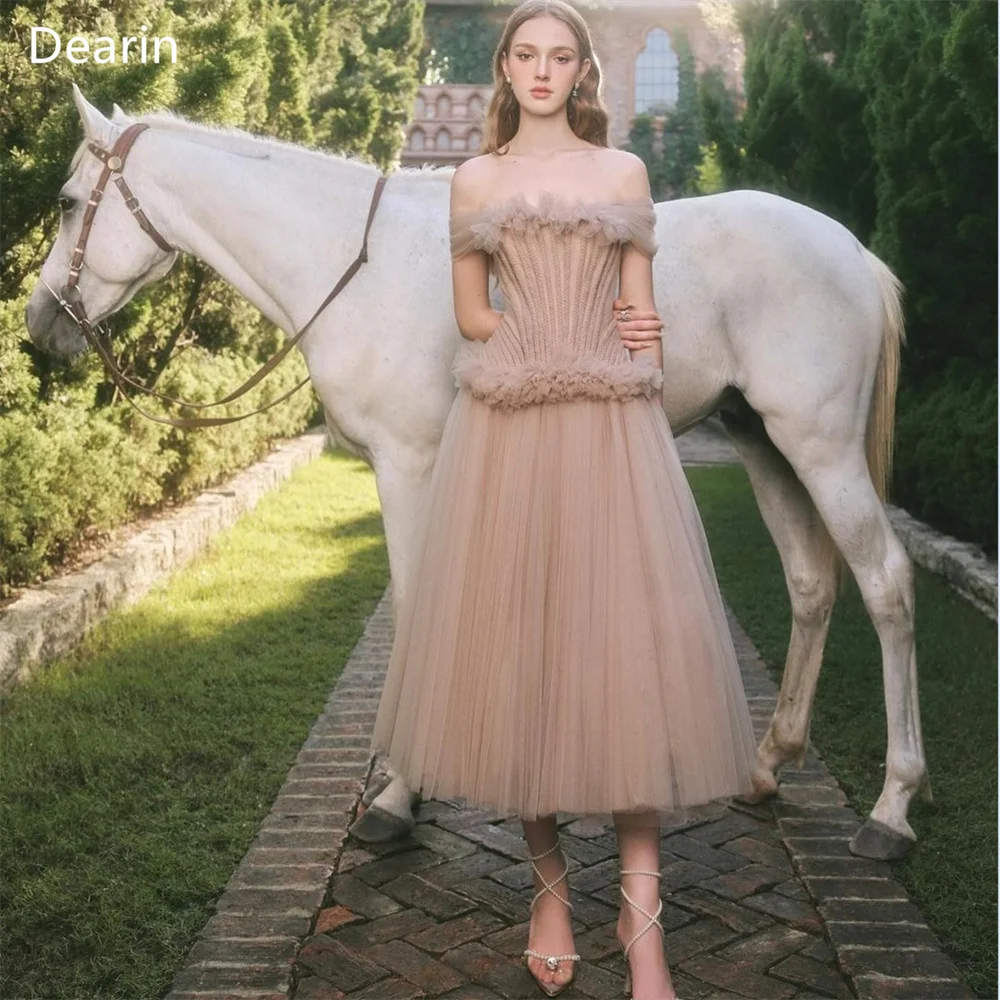 Customized Saudi Arabia Dearin Off-the-shoulder A-line Tea Length Skirts Draped Tulle Layered Bespoke Occasion Dresses Formal Dr