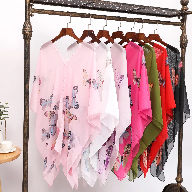 Women Sun Protection Shawl for Cycling Lady Summer Chiffon T-shirt Holiday Flower Scarf Bikini Blouse Breathable Beach Wrap P1