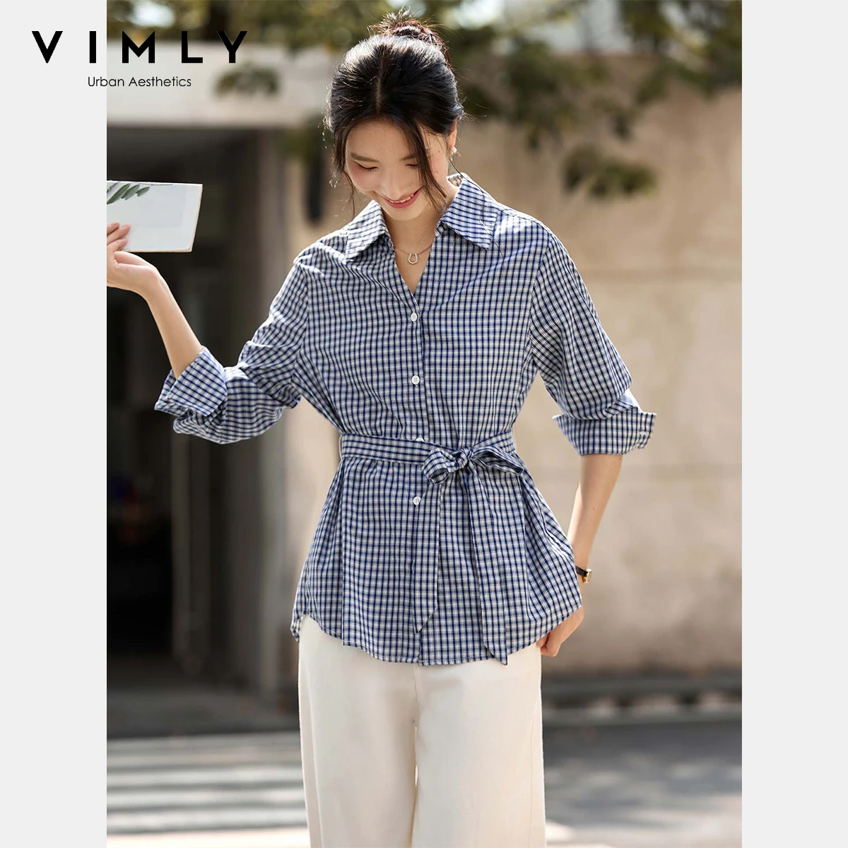 VIMLY Camicie a quadri casual da donna Autunno 2025 Camicia da donna con collo a polo in puro cotone Elegante top femminili a maniche lunghe con lacci A3067