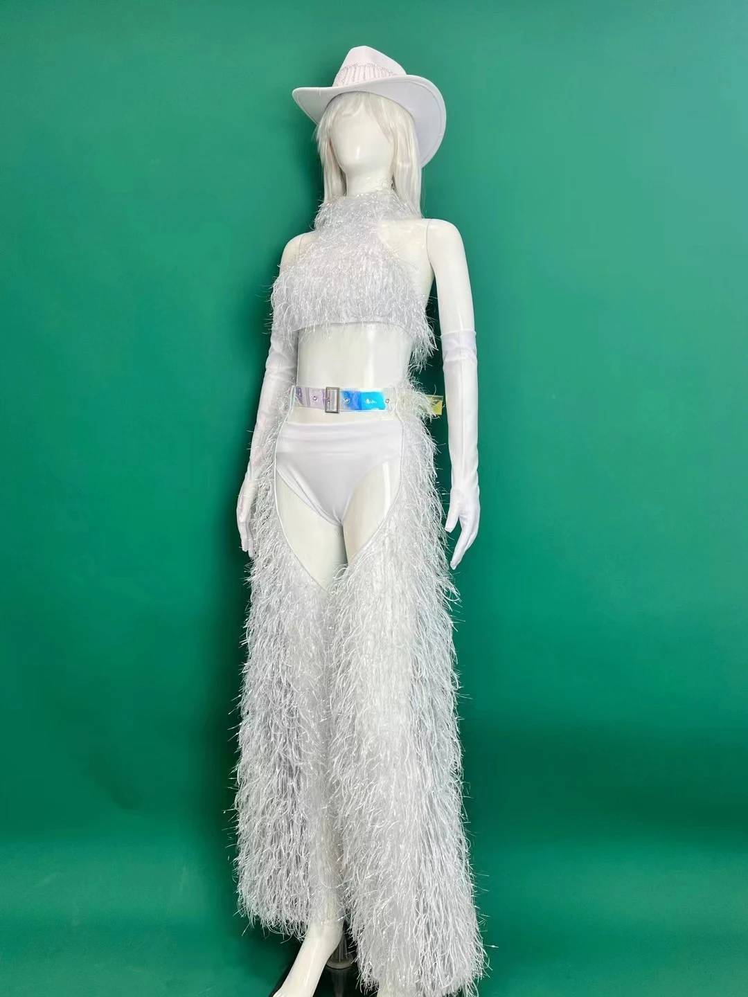 Traje de baile Gogo Sexy para mujer, equipo de bailarina y cantante, Tops de felpa blancos, pantalones, conjunto de sombrero, Bar, club nocturno, DJ DS, trajes de actuación Rave