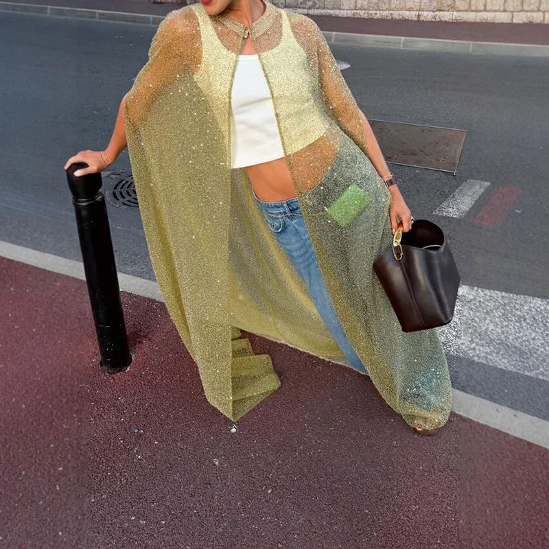 High Street Solid Sequins Long Sleeve Cardigans Fashion Loose Women Commute Shawl Tops Hot Spicy Glitter O-neck See-through Coat