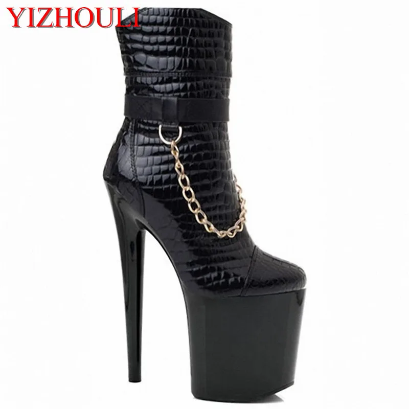 

Ladies 8 inch motorcycle boots 18-20 cm chain decor platform heels, party stage performance ankle dance shoes