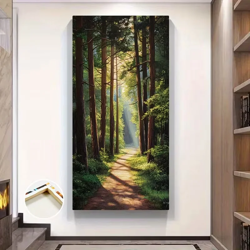 1 toile murale grand format sans cadre sur le thème de la forêt - Paysage serein avec grands arbres et rayons de soleil, impression de feuillage vert paisible, style ferme moderne