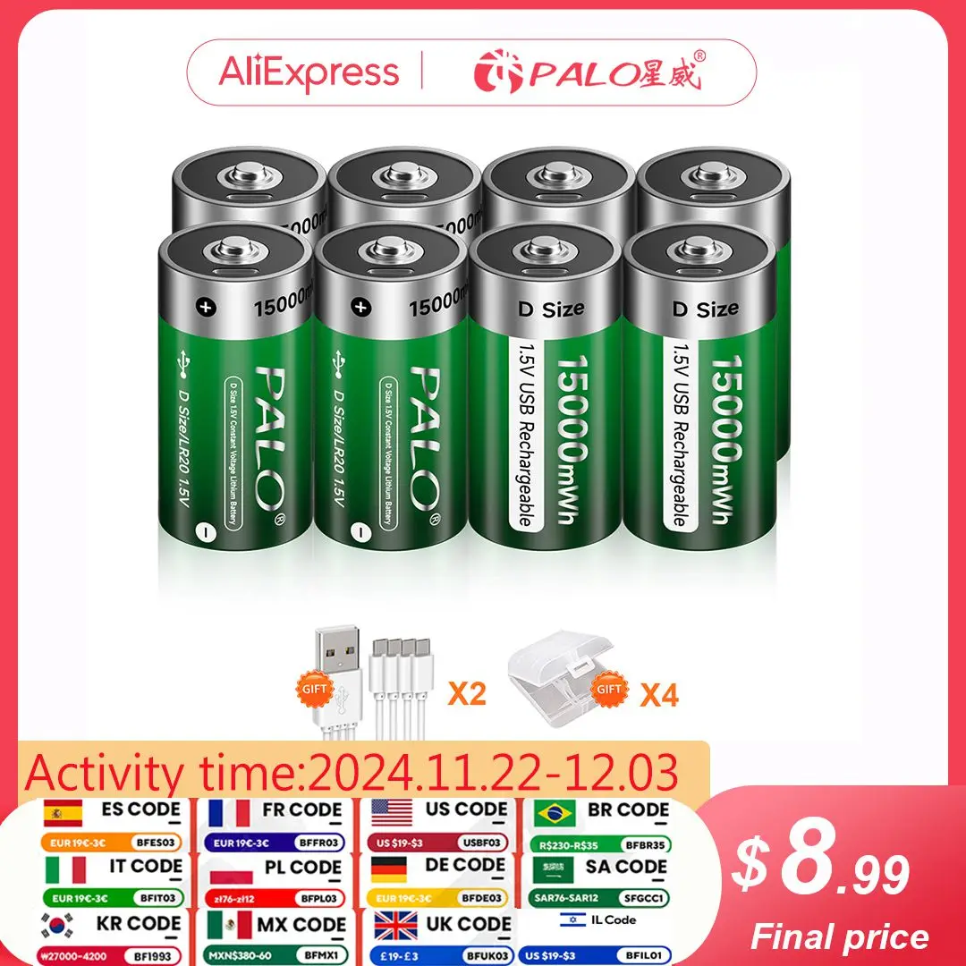 PALO USB Size D Battery 15000mWh 1.5V Type-C Akumulatory D Lipo LR20 do kuchenki gazowej Podgrzewacz wody Latarka