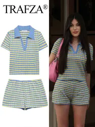 TRAFZA 2024 Summer Female Striped Set Turn-Down Collar Short Sleeves Pullover T-Shirt Top + High Elastic Waist Wild Woman Shorts