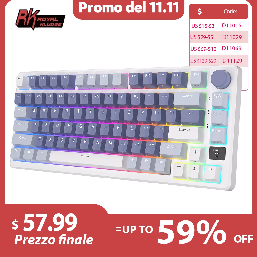 RK ROYAL KLUDGE M75 2.4G Wireless/Bluetooth/USB-C Mechanical Keyboard 81Keys RGB Hot-Swappable Gasket Gamer Keyboard with Screen