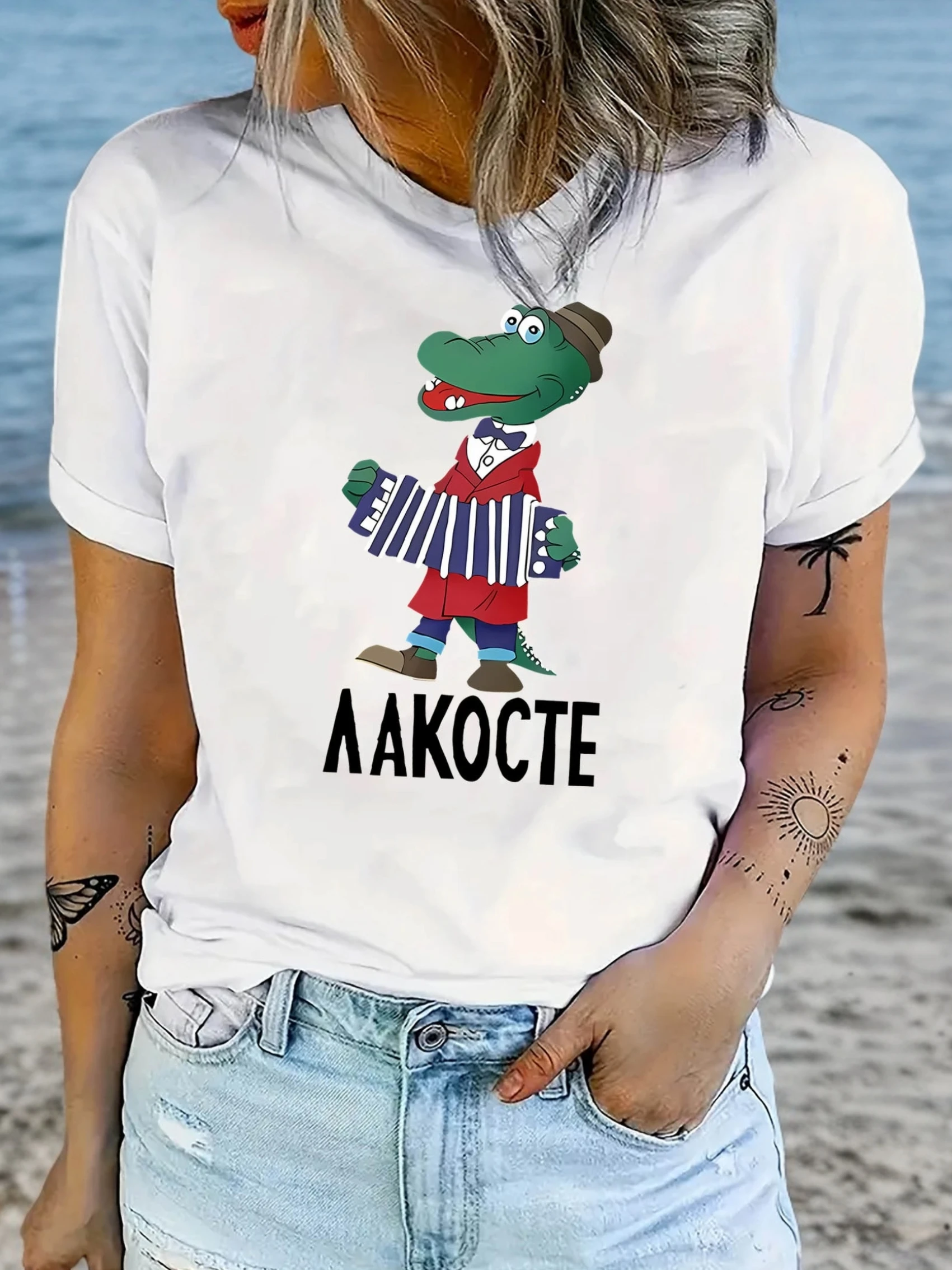

Creative Instrument Crocodile Pattern Printed Women'S Fashionable Round Neck Short Sleeve, Simple Casual Sports T-Shirt
