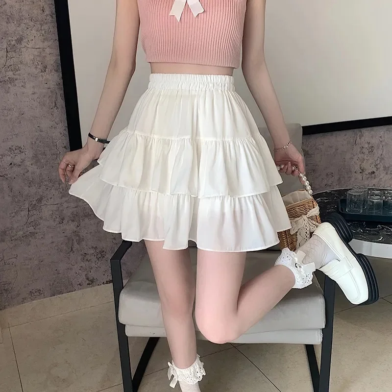 Pleated A-line Skirt White Women Ruffles Sweet Hottie Preppy Style Elastic Elastic Waist Slim Thin SimpleCasual Summer Wholesale