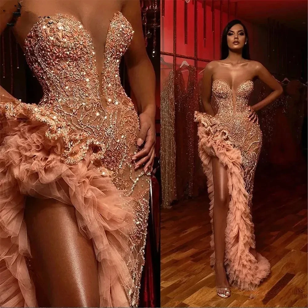 

Luxury Sweetheart Mermaid Prom Dress 2024 Sparkly Beaded Ruffles High Slit Arabic Evening Gowns Vestidos De Ocasion Formales