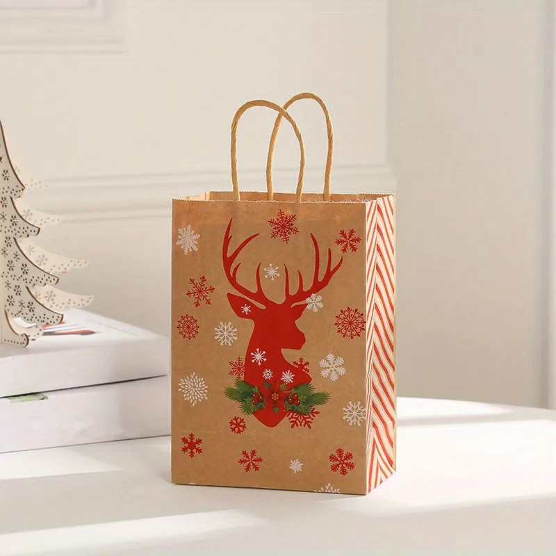 8–48 Stück Weihnachtsserie Kraftpapier-Geschenktüten, Verpackung von Party-Süßigkeitsgeschenken, bedruckte Tragetaschen mit Cartoon-Elch-Schneemann-Weihnachtsbaum – Detail 7