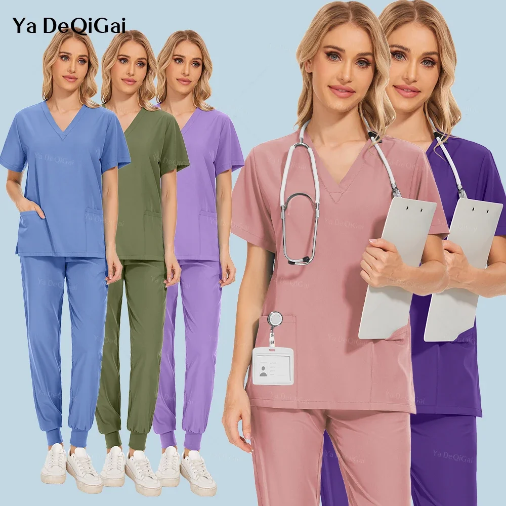 Clássico com decote em v roupas de trabalho clínico multicolorido beleza spa uniformes hospital enfermeira uniforme médico esfrega conjunto trabalho cirúrgico