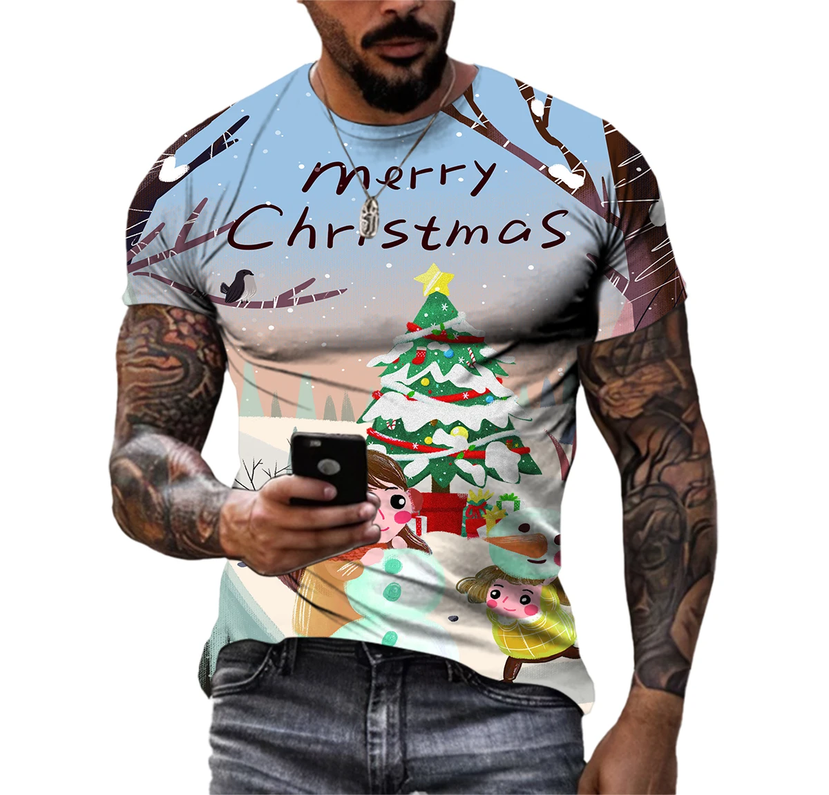 

Summer Christmas Pattern Men's T-shirt Hip Hop 3D Print Personality Neck Short Sleeve Fashion Clothes