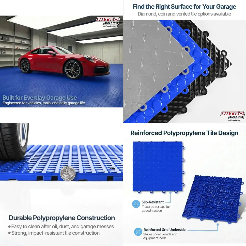 

12 x 12 Heavy-Duty Interlocking Garage Floor Tiles, Coin Pattern Polypropylene, Non-Slip, Shelby Blue, 24 Tiles, 24 Sq/ft