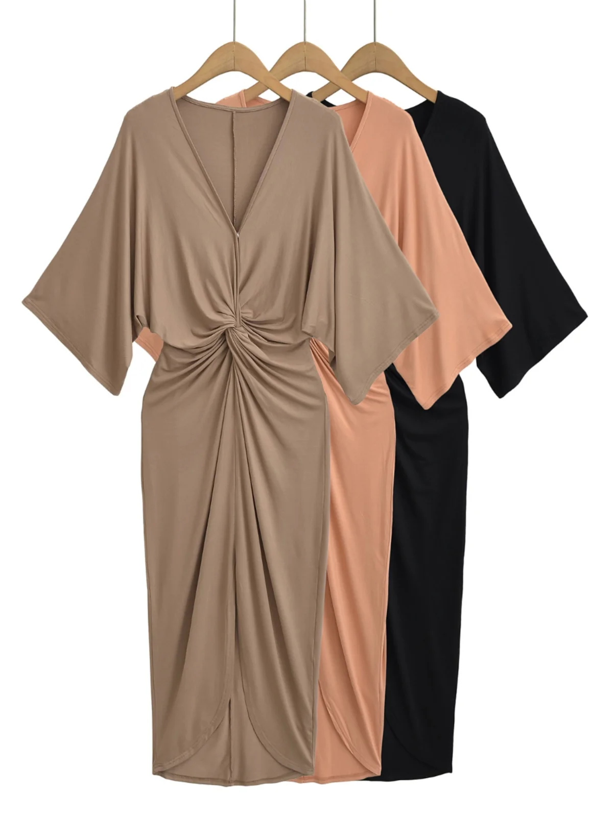 Vestido Midi E Solto com Nó, Sem Mangas, Longo, Design de Cor Pura, Decote em V para a Temporada de Primavera e Outono...